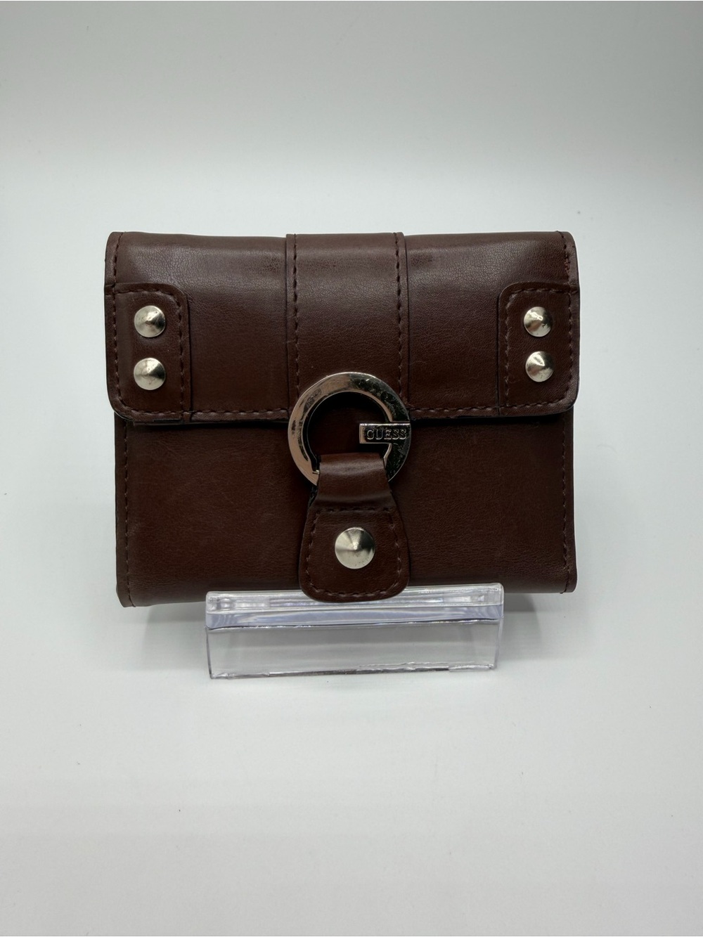 Guess Brown Studded Trifold Leather Wallet Snap Closure  Silver Hardware